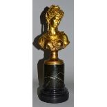 A GOOD 19TH CENTURY FRENCH GILDED BRONZE BUST OF A YOUNG LADY Signed 9ins high, on a circular marble