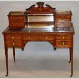 AN EDWARDIAN MAHOGANY AND MARQUETRY BONHEUR DU JOUR, inlaid cresting over a mirror flanked by