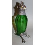 A SUPERB PAIR OF GREEN PARAKEET CLARET JUGS with plated head and feet 11.5ins high.