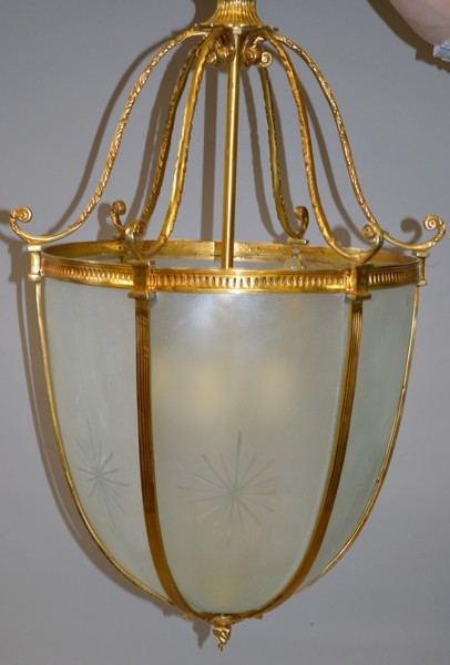 A LARGE BRASS AND FROSTED GLASS HALL LANTERN. 3ft 3ins high.