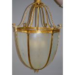 A LARGE BRASS AND FROSTED GLASS HALL LANTERN. 3ft 3ins high.