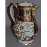 AN EARLY 19TH CENTURY ENGLISH PORCELAIN WATER JUG painted in imari style, probably Chamberlains.