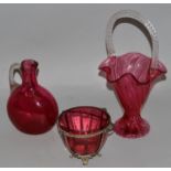 THREE PIECES OF VICTORIAN CRANBERRY GLASS, a sugar bowl, basket and jug.