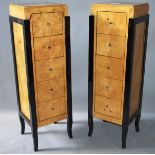 A GOOD PAIR OF ART DECO DESIGN MAPLEWOOD TALL FIVE DRAWER CHESTS. 4ft 8ins high.