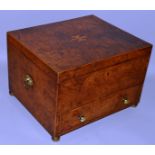 A LATE REGENCY LADIES WALNUT SEWING BOX with lift up lid and fitted sliding drawer in the base