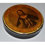 A 19TH CENTURY FRENCH RELIGIOUS CIRCULAR BOX AND COVER, “VÉRITABLE PORTRAIT DE NOTRE SEIGNEUR