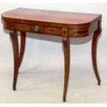 A GEORGE III MAHOGANY FOLD-OVER CARD TABLE, of “D” shape with crossbanded, inlaid and line inlaid