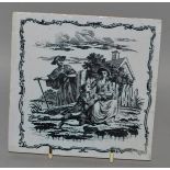 AN 18TH CENTURY LIVERPOOL TILE, printed by Sadler, with an old woman watching two young lovers.