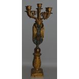 A GOOD EMPIRE STYLE SINGLE THREE LIGHT CANDELABRA with a winged classical female figure on a