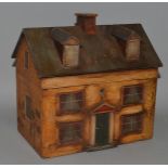 A RARE EARLY 19TH CENTURY PAINTED TEA CADDY IN THE FORM OF A HOUSE with chimney, two dormer
