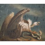 BENJAMIN ZOBELL (1762-1831) A SAND PICTURE ON BOARD, VULTURE ATTACKING A SNAKE 19ins x 23ins, in a