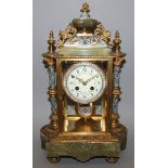 A GOOD 19TH CENTURY FRENCH CHAMPLEVE ENAMEL, ORMOLU AND GREEN ONYX CLOCK with eight day movement,