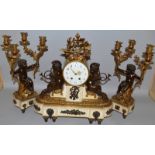 A SUPERB QUALITY 19TH CENTURY FRENCH LOUIS XVI STYLE THREE PIECE CUPID CLOCK GARNITURE in bronze,