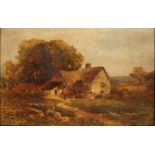 J… Young (19th Century) British. Figures on a Path, with a Cottage Beyond, Oil on Canvas, Signed