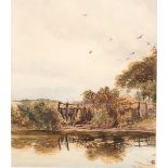 Josiah Wood Whymper (1813-1903) British. A Pond surrounded by Wooden Fencing, with Birds Overhead,