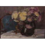 20th Century English School. Still Life of Flowers in a Brown Jug, Oil on Board, Indistinctly