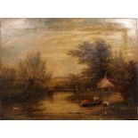 W… Yates (19th Century) British. A River Landscape with Figures by a Boat, Oil on Canvas, Unframed,