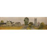 Harvey (20th Century) British. A Hamlet with a Church, Oil on Board, Signed, 12.5” x 42”.