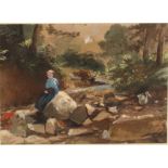 Charles Branwhite (1817-1880) British. A Girl Sitting in a Rocky Landscape, Watercolour, 6.5” x 8.