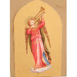 After Fra Angelico (c.1395-1455) Italian. Angel with Trumpet, Watercolour and Gouache, Arched, in a