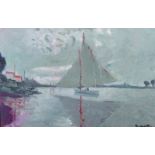 G… Mather (20th Century) British. A Sailing Boat near the shore, Oil on Canvas, Indistinctly