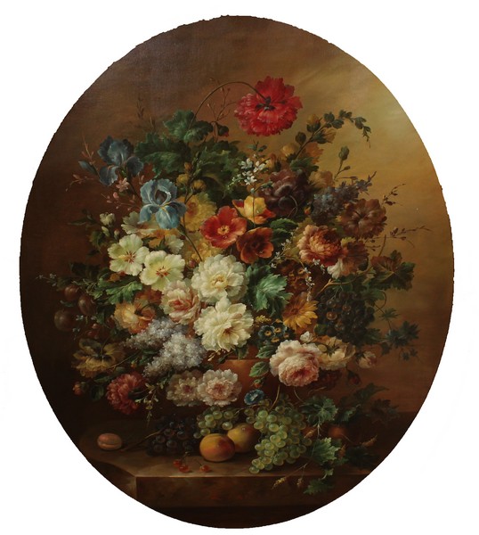 L… Martin (20th Century) Continental. Still Life of Flowers in a Brown Vase, on a Marble Ledge, Oil