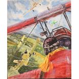 20th Century English School. Planes in a Dogfight, Oil on Board, Unframed, 22.25” x 17”.