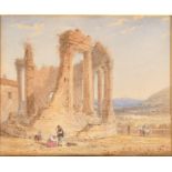 19th Century English School.  An Italianate Landscape, with Figures by Ruins, Watercolour, 3.5” x