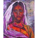 20th Century Indian School. Head of a Lady with a White Head Scarf, Oil on Canvas, Indistinctly