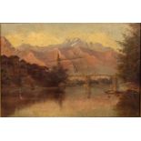 19th Century English School. An Indian Mountainous River Landscape, Possibly Kashmir, Oil on