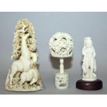 A 19TH/20TH CENTURY CARVED INDIAN IVORY FIGURE OF THE GODDESS SARASWATI, in the company of a