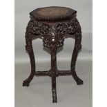 ANOTHER SMALLER 19TH/20TH CENTURY CHINESE MARBLE TOP HEXAGONAL CARVED HARDWOOD STAND, with curving