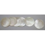 A GROUP OF SIX EARLY 19TH CENTURY CHINESE EXPORT MOTHER-OF-PEARL ARMORIAL GAMING COUNTERS, of