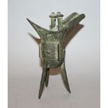 A GOOD CHINESE BRONZE JUE, possibly early, the ritual vessel with good unpolished patination, 7.