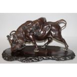 A LARGE GOOD QUALITY SIGNED JAPANESE MEIJI PERIOD GYOUKOU BRONZE GROUP OF TWO TIGERS ATTACKING A