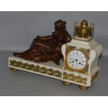 A GOOD 19TH CENTURY FRENCH WHITE MARBLE AND BRONZE CLOCK with drum movement, eight day striking on a