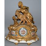 A SUPERB LARGE 18TH-19TH CENTURY FRENCH GILT BRONZE, WHITE MARBLE AND SEVRES PANEL CLOCK with