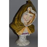 A GOOD 19TH CENTURY CONTINENTAL POTTERY BUST OF A YOUNG GIRL wearing a hood on a speckled pedestal