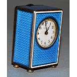 A VERY GOOD SILVER AND BLUE ENAMEL MINIATURE CLOCK, stamped .0935 Geneva, Switzerland, eight day.