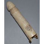 A GOOD CARVED IVORY PHALLUS engraved ALWAYS TRUE in a heart, in a domed box A.W. 8ins long.