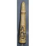 A GOOD CARVED IVORY PHALLUS etched with an oval of a young lady, the end with a wooden lid. 10.75ins