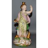 AN 18TH CENTURY DERBY FIGURE OF EUROPE standing holding a sceptre and orb, Europe in gold to base,