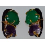 A GOOD PAIR OF 18K MOUNTED COLOUR STONE EAR CLIPS.