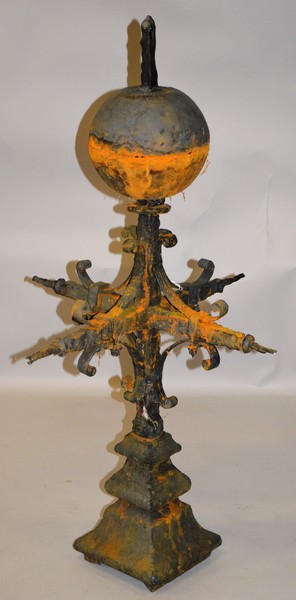AN ANTIQUE ECCLESIASTICAL CAST AND WROUGHT IRON SPIRE/PINNACLE on a square section baluster base,