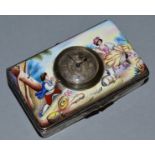 A GOOD CONTINENTAL RECTANGULAR ENAMEL BOX AND COVER decorated with figures and the lid inset with