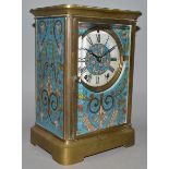 A LARGE SEVRES BLUE PORCELAIN AND BRASS REGULATOR CARRIAGE CLOCK with eight day movement.10ins high.