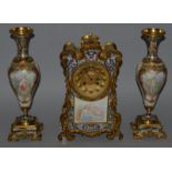 A SUPERB 19TH CENTURY FRENCH BRONZE CHAMPLEVE ENAMEL AND PORCELAIN THREE PIECE CLOCK GARNITURE,