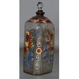 A VERY EARLY CONTINENTAL DECANTER painted with young lady and script, dated 1739.  7ins high.