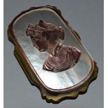 A GOOD MOTHER-OF-PEARL FRONT & BACKED PURSE, the front with a bust of a Greek god.