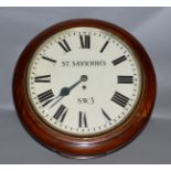 A LARGE MAHOGANY CASED WALL CLOCK "ST SAVIOURS", SW3, with fusee movement. 14ins dial.